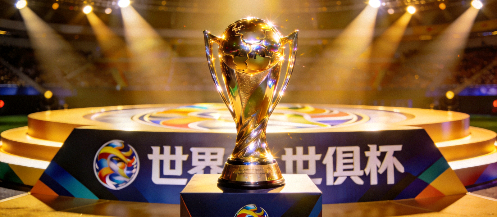 世俱杯冠军奖杯在颁奖台上闪耀